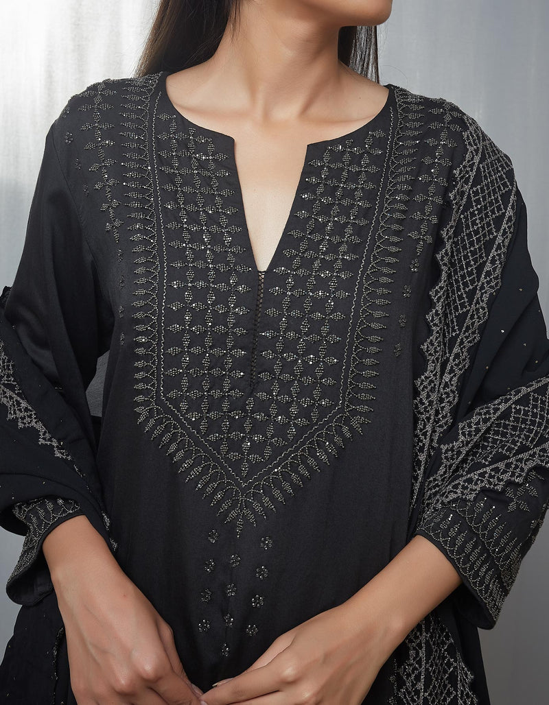 Black Short Embroidered Kurti Sharara Set