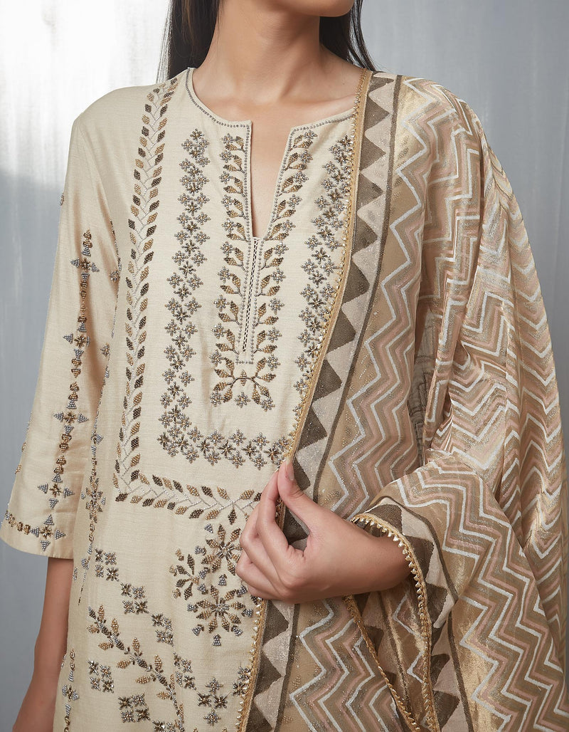 Beige Kurta Set with an Embroidered Sharara and Dupatta