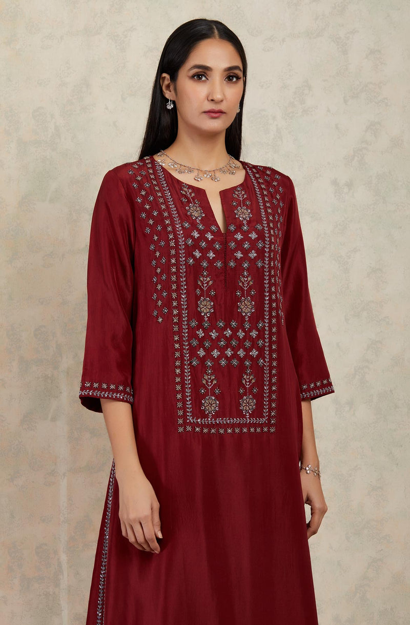 Deep Red Embroidered Kurta and Trouser Set