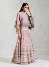 Pink and Grey Crinkle Georgette and Organza with K. Crepe Poncho with Skirt