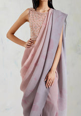 Pink and Grey Crinkle Georgette and Cotton Lycra Saree Set