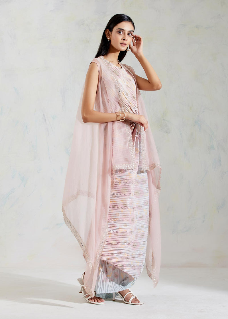 Pink and Aqua Sage Shaded Organza and Crinkle Crepe Cape and Dress