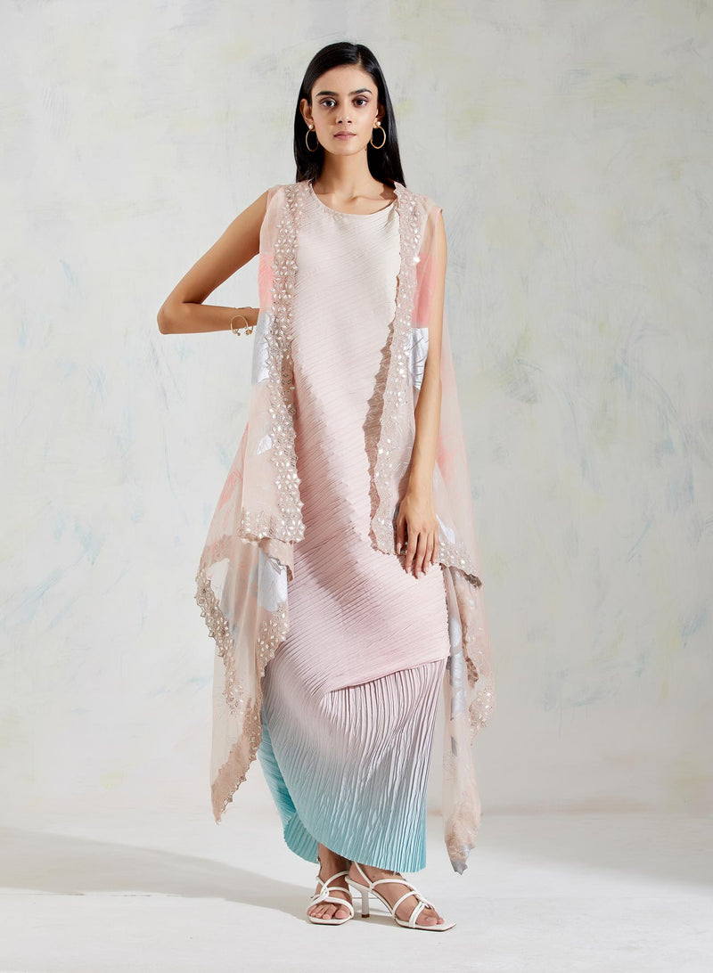Pink with Aquatic Sage Shaded Organza and Crinkle Crepe Cape and Dress