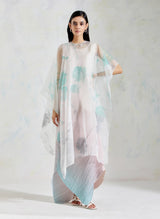 Aquatic Sage and Pink Shaded Organza and Crinkle Crepe Cape Dress
