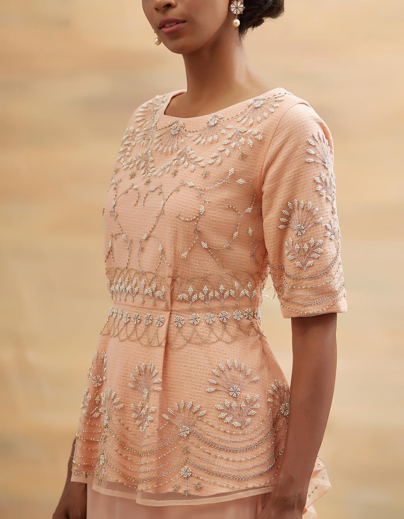 Peach Embroidered Peplum Top with Skirt