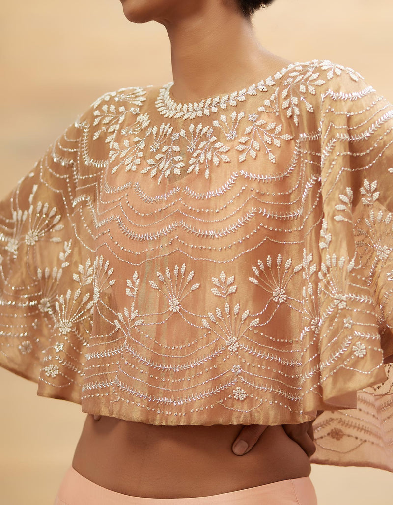 Peach Embroidered Cape with Skirt