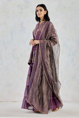Aubergine Tissue Chanderi Kurti Top In Intricate Hand Embroidery Paired With Tiered Sharara And Dupatta