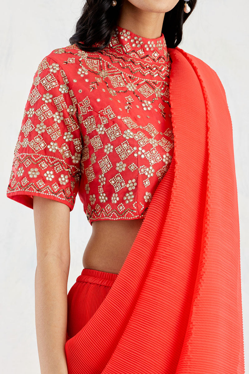 Hand Embroidered Stretch Lycra Blouse Paired With Pleated Georgette Saree