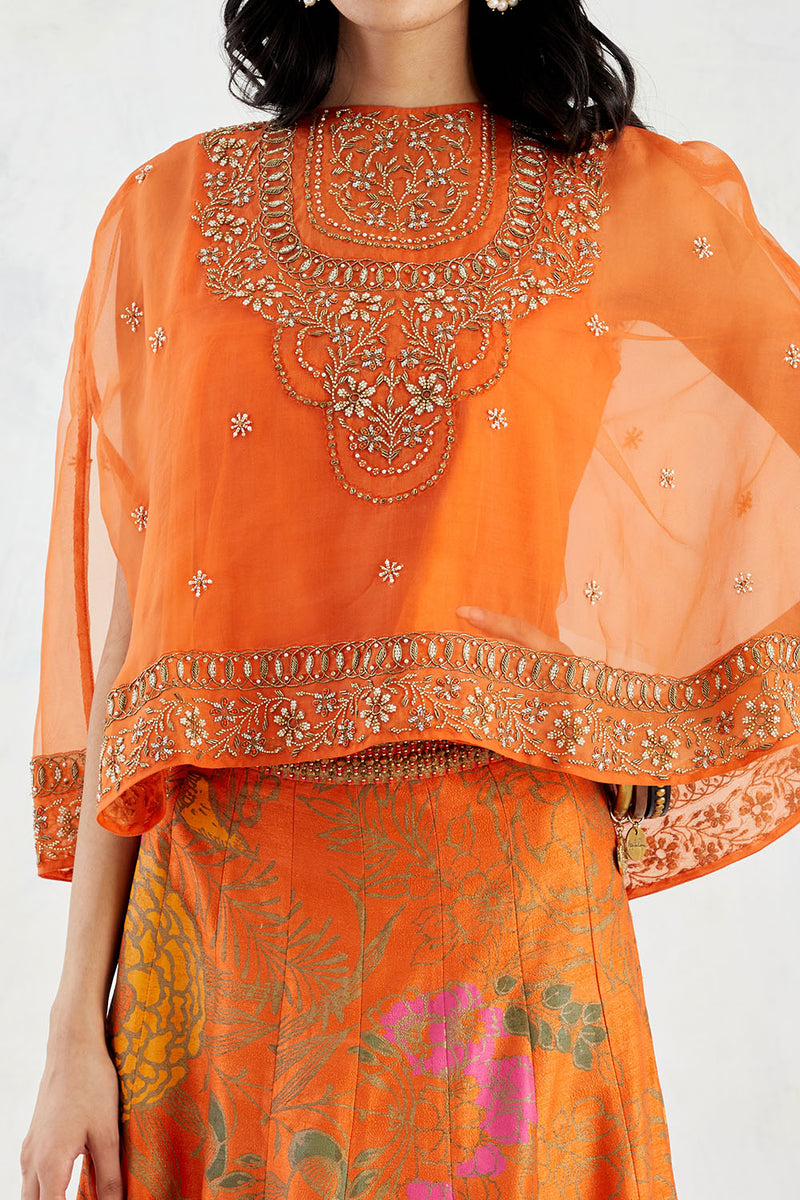 Tangerine Organza Cape In Intricate Bead Work Embroidery Paired With Hand Block Printed Dupion Skirt