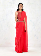 Crimson Red Saree Set with Hand Embroidery