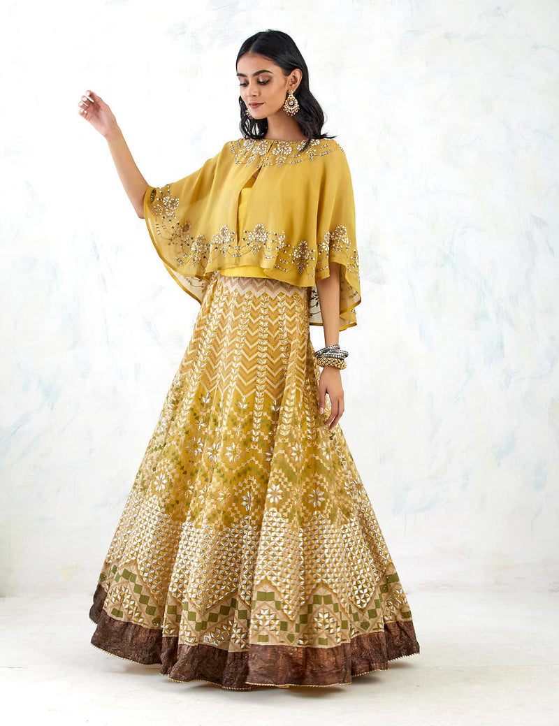 Yellow Cape With Skirt with Bead Work And Gota Patti With Cross Stitch Embroidery