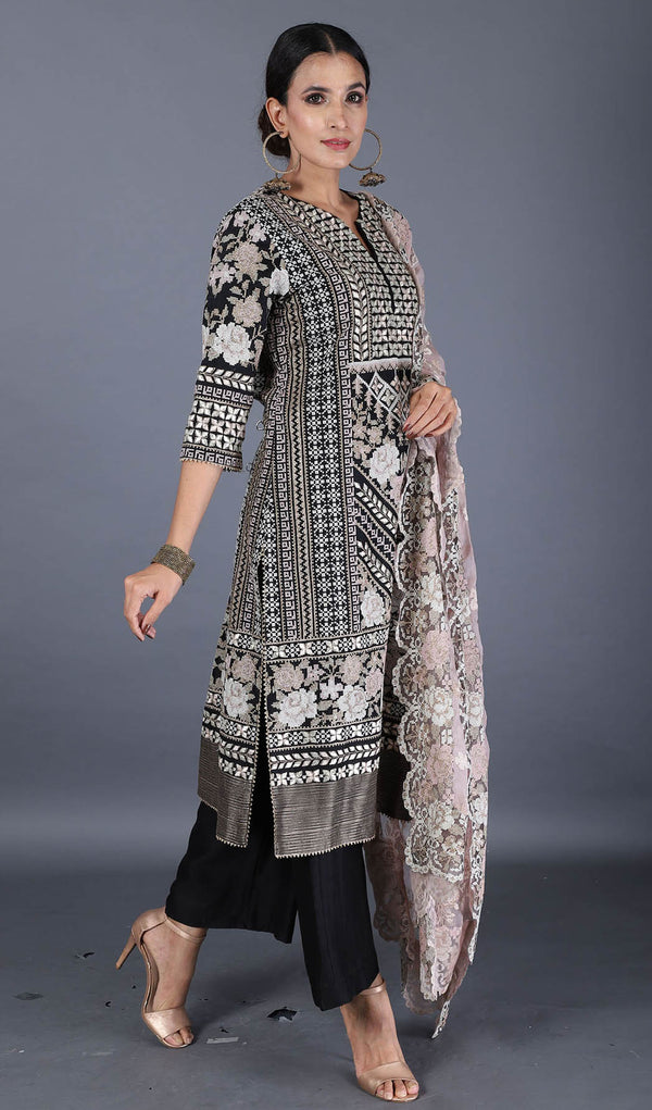 Black Cross Stitch Embroidered And Gota Work Kurta Set