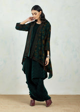 Hand Block Printed Velvet Jacket Cape Paired With Crinkle Drape Dress