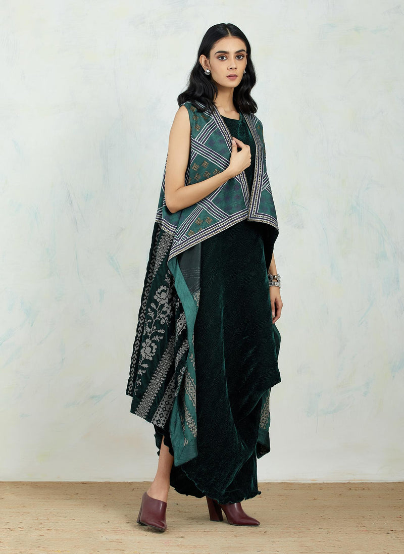 Emerald Green Velvet Cape In Zari And Hand Block Print Paired With Velvet Dress