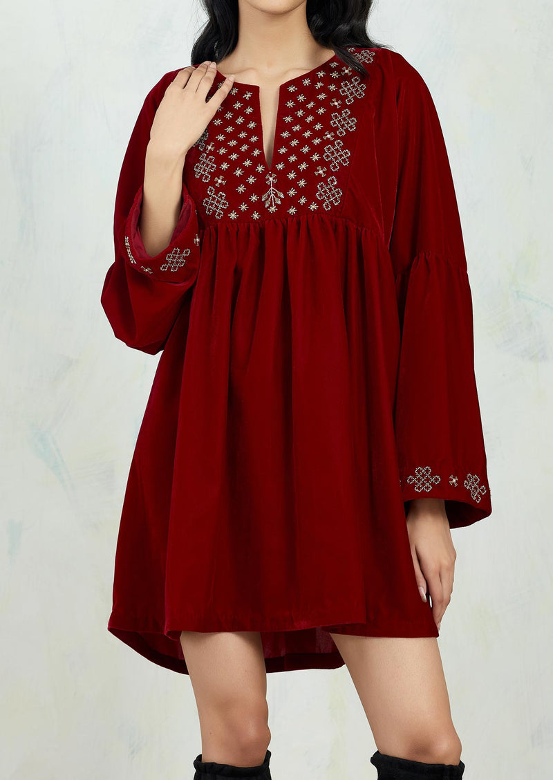 Maroon Boho Tunic In Velvet With Intricate Hand Embroidery