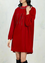 Velvet Cherry Red Tunic In Hand Embroidery