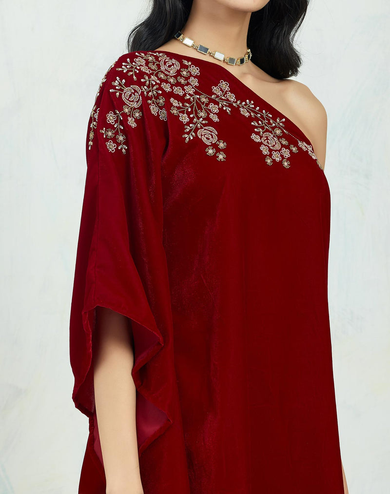 One Shoulder Velvet Asymetric Dress Embellished With Intricate Hand Work