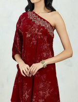 One Shoulder Asymetric Dress Embellished And Hand Block Printed