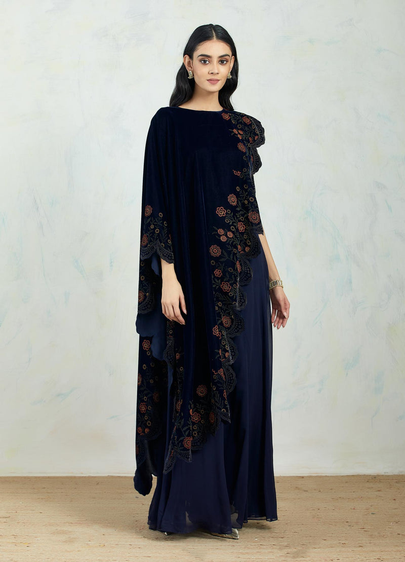 Asymetric Velvet Cape In Hand Block Printed Scallop Border Paired With Chiffon Panelled Sharara