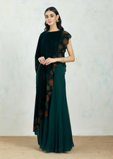 Asymetric Velvet Emerald Cape In Hand Block Printed Scallop Border Paired With Chiffon Panelled Sharara