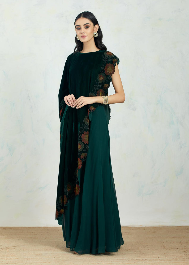 Asymetric Velvet Emerald Cape In Hand Block Printed Scallop Border Paired With Chiffon Panelled Sharara