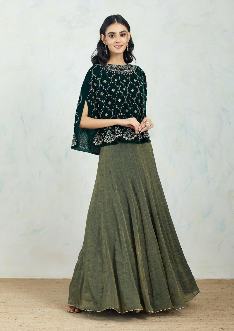 Emerald Green Velvet Intricately Embroidered Cape Paired With Gold - Green Textured Mesh Skirt