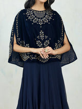 Navy Hand Embellished Velvet Cape Paired With Georgette Asymetric Hem Skirt