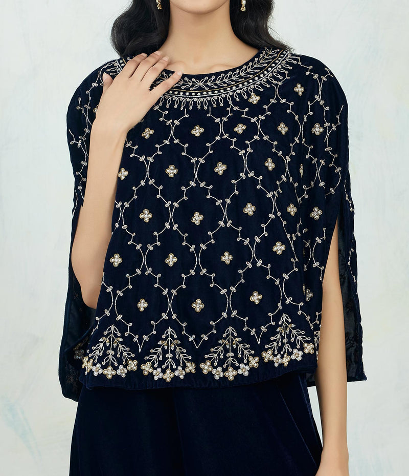 Velvet Navy Cape And Dress In Intricate Hand Embroidery