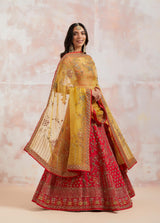 Red Hand Embellished Lehenga Set With Potli Bag