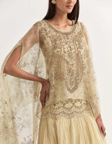 Beige Cape With Tiered Skirt In Organza