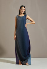 Dark Blue Organza Printed Cape With Dress