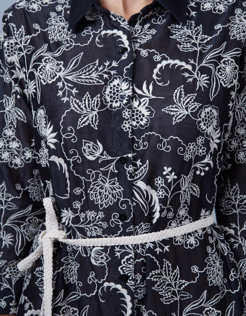 Black Embroidered  Shirt Dress with Belt
