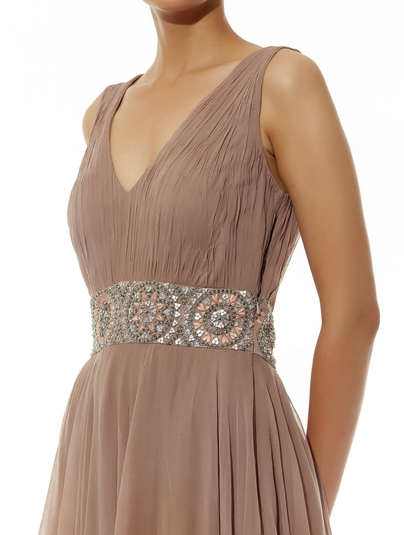 Taupe Dress with a Ruched Yoke