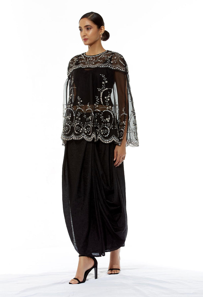 Hand Embroidered Black Cape and Skirt Set