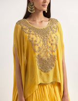 Yellow Cape With Tiered Skirt In Georgette and Organza