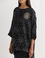 Black High Low Tunic With Wide Pants In Organza and Chanderi