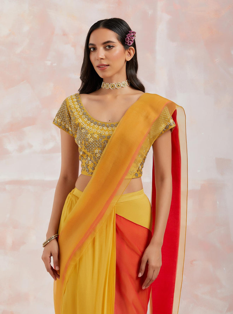 Yellow Pre Stitched Saree With Blouse