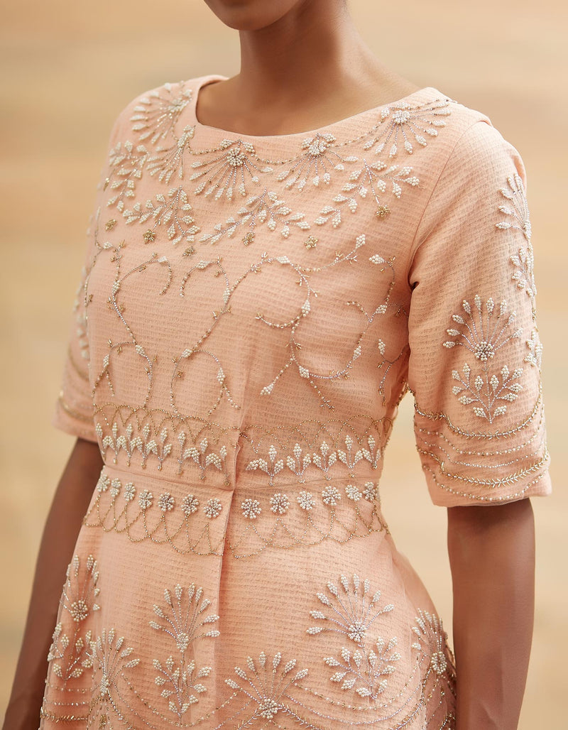 Peach Embroidered Peplum Top with Skirt