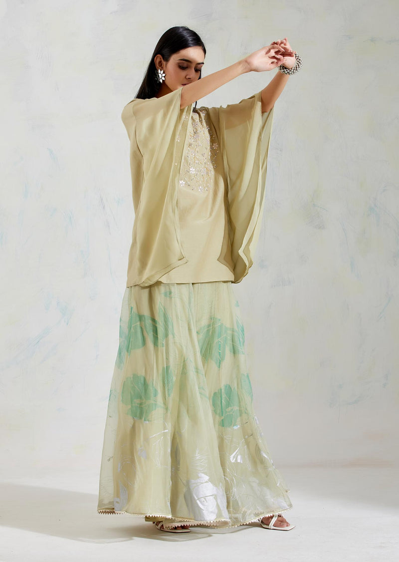 Green Cotton Silk and Georgette with Organza Kaftan with Sharara