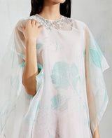 Aquatic Sage and Pink Shaded Organza and Crinkle Crepe Cape Dress