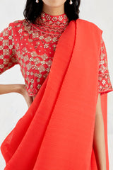 Hand Embroidered Stretch Lycra Blouse Paired With Pleated Georgette Saree