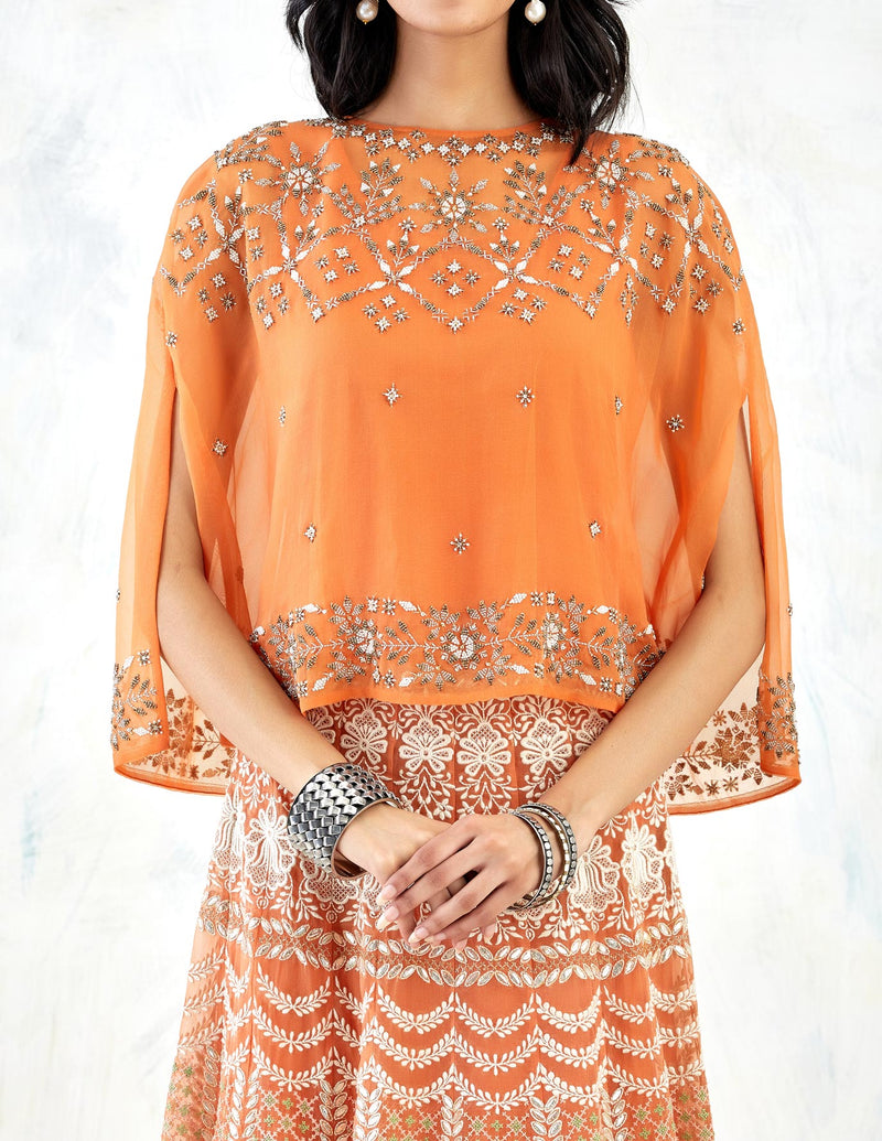 Orange Cape With Skirt with Chikankari With Cross Stitch Embroidery