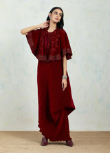 Maroon Circular Velvet Hand Block Printed Cape Paired With Crinkle Drape Dress