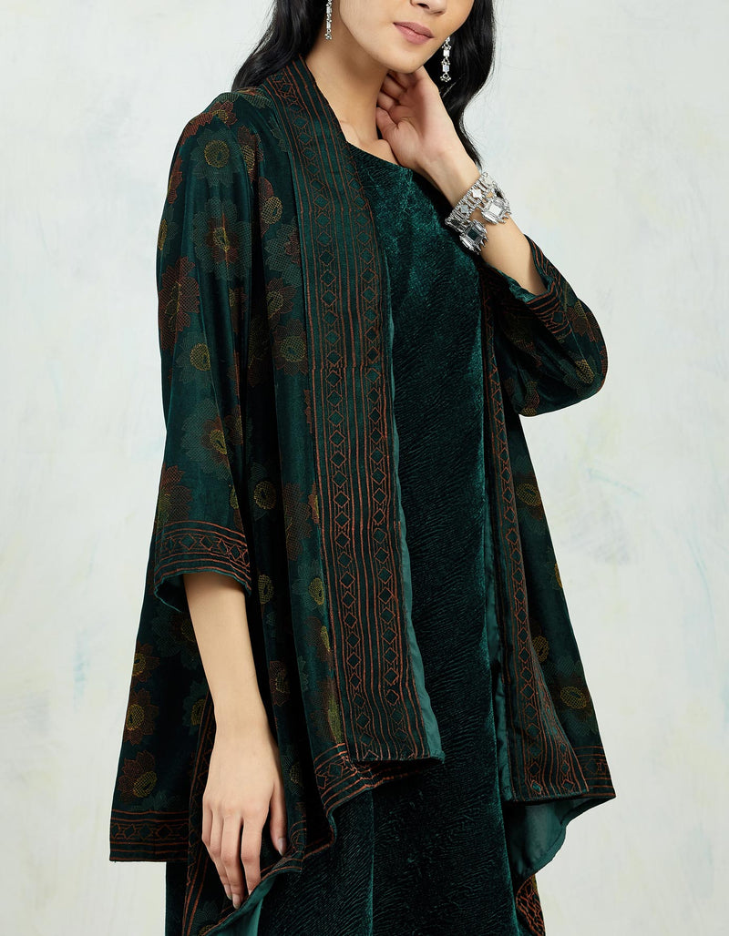 Hand Block Printed Velvet Jacket Cape Paired With Crinkle Drape Dress