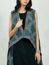 Emerald Green Velvet Cape In Zari And Hand Block Print Paired With Velvet Dress