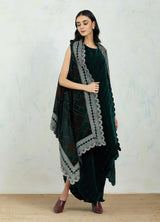 Jacket Cape In Scallop Zari Embroidery And Block Print Paired With Velvet Drape Dress