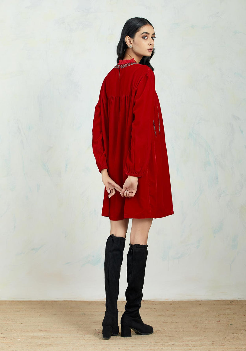 Velvet Cherry Red Tunic In Hand Embroidery