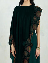 Asymetric Velvet Emerald Cape In Hand Block Printed Scallop Border Paired With Chiffon Panelled Sharara