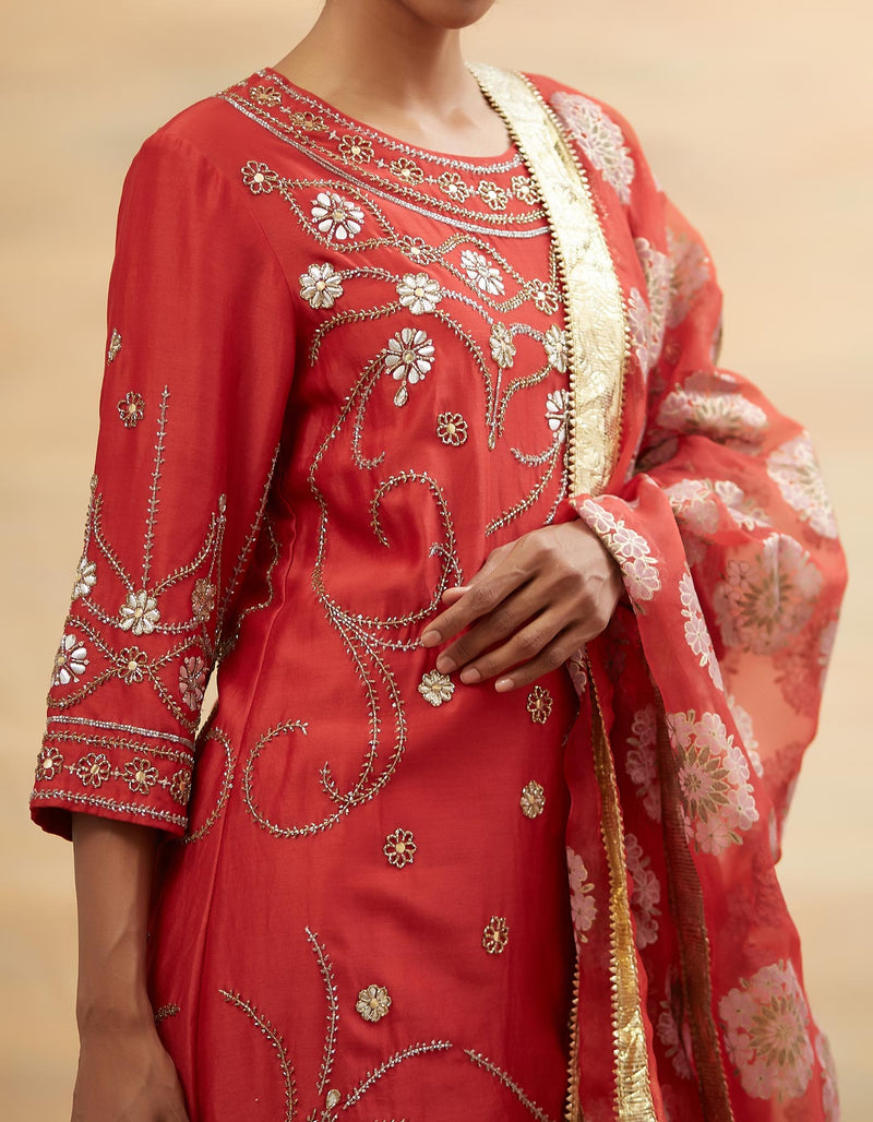 Red Hand Embroidered Asymmetrical Kurta Set