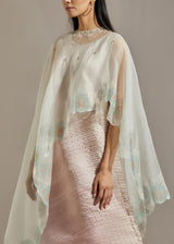 Pink Organza Printed Cape With Dress